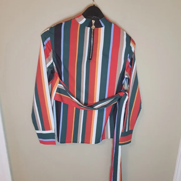 Muriell's Closet blue, red, green, gold, and white striped blouse. Size … - Picture 10 of 12